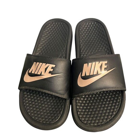 Nike Benassi JDI Slide Sandals Shoes Womens Size 7 Black Rose Gold 343880-007 - Picture 8 of 9